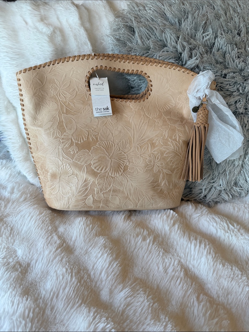 NWT The Sak Embossed Floral Cream Tote with Tassel